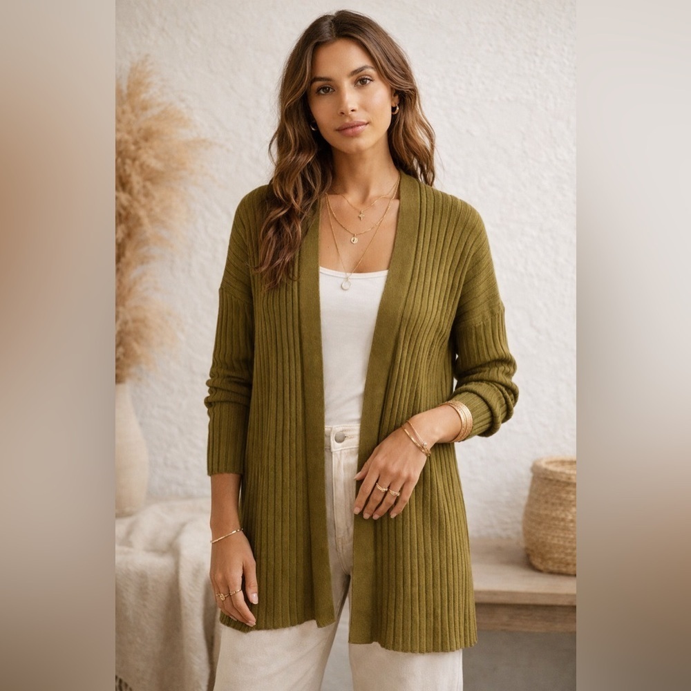 Maeve by Anthropologie Olive Ribbed Open Front Cardigan Medium Boho Minimalist